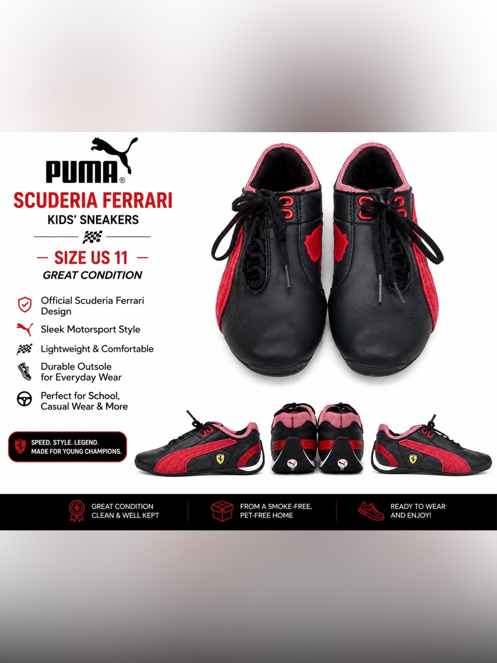 Puma Kids Black and Red Low-Top Sneakers